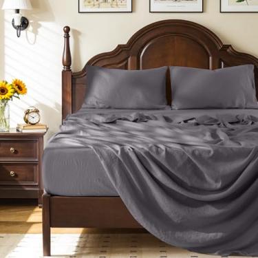 Imagem de Shilucheng Lençóis de linho 100% francês, bolso extra profundo para colchões de 45,7 a 61 cm de espessura, lençóis de linho puro respiráveis e refrescantes 4 peças, macio durável (cinza escuro, King)