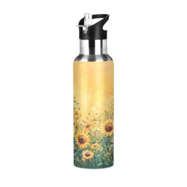 Imagem de Wassud Garrafa de água peculiar girassóis de jardim garrafa de água esportiva de aço inoxidável com canudo garrafas de água isoladas copo portátil de viagem 623 g