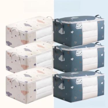 Imagem de Caixa Saco Organizador 75L Dobrável em TNT para Roupas, Edredom e Closet – Kit 4 ou 6 Unidades(6 Unidades [75L] - Bege+Azul)