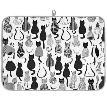 Imagem de Tapete de secagem de prato animal com estampa de tiras de gato, tapete de pratos de secagem absorvente 45 x 61 cm, almofada reversível de microfibra de absorção de água escorredor de pratos para