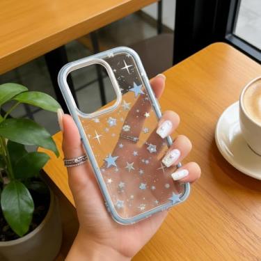 Imagem de Capa para iPhone 13, borda azul com padrões pontilhados, capa de telefone transparente com proteção de câmera de caixa grande, capa protetora feminina elegante de TPU macio e ajuste fino