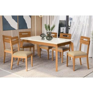 Imagem de Sala Jantar Mesa Petra Premium Madeira Maciça c/ Tampo Madeirado c/ Vidro 160x90cm e 6 Cadeiras Lila Carvalho/Off White - Linho Bege Argila-Kappesberg
