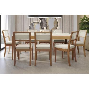 Imagem de Conjunto Mesa Mira Premium Madeira Maciça c/ Tampo Madeirado c/ Vidro 200x100cm e 8 Cadeiras Lola Carvalho/Off White - Linho Bege Argila Kappesberg