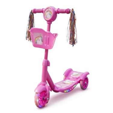 Imagem de Patinete Infantil 3 Rodas com Luzes Led Som Musical Altura Regulável Freio Traseiro e Cesta (Rosa)