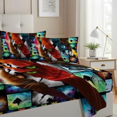 Imagem de Allenjoy Jogo de lençol Forest Courage Mystery Cats com elástico, lençol de cima e 2 fronhas para decoração de quarto de meninos, homens e adolescentes, tamanho casal