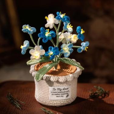 Imagem de ANZRLE Candeeiro de flores azul Forget Me Not – Flores artificiais de crochê com luz noturna, luminária pequena de mesa sem fio – Ideias de presente para mulheres para o Dia dos Namorados, decoração