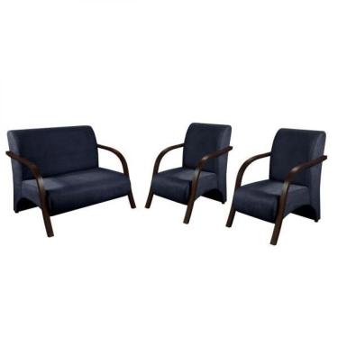 Imagem de Kit 3 Peças Poltrona Braço Madeira Suede Azul Bic