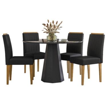 Imagem de Mesa De Jantar Isis 120x120 Cm Com Vidro Preto E 4 Cadeiras Ana Ype Veludo Preto – New Ceval