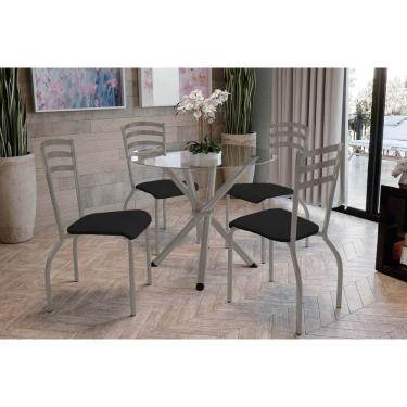 Imagem de Conjunto: Mesa Sala Jantar Volga C- Tampo De Vidro 95cm E 4 Cadeiras Portugal Niquel - Courano Preto - Kappesberg