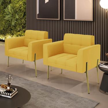 Imagem de Poltrona Sala Decorativa Kit 2 Elisa Pé Aço Lateral Dourado Veludo Mostarda D03 - D'Rossi