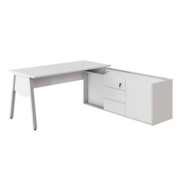 Imagem de Mesa L Diretor com Armário Lateral 3 Gavetas 180cm Industrial Tampo Ch
