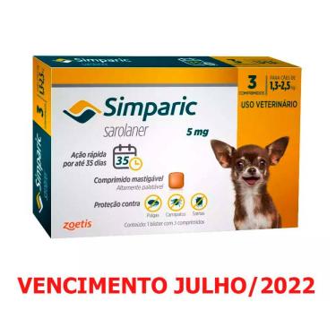 Imagem de Simparic Antipulgas e Carrapatos Caes 1,3 a 2,5kg c/ 3 Comprimidos