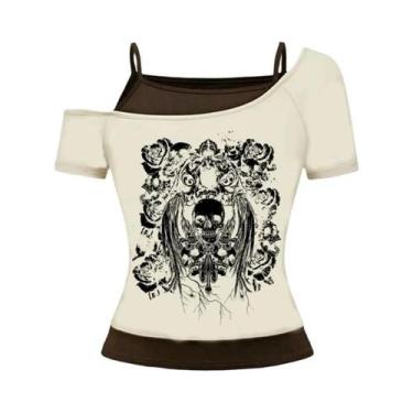Imagem de Camiseta Feminina Retro Gótica Estampada Com Ombros Descidos, Moda De 