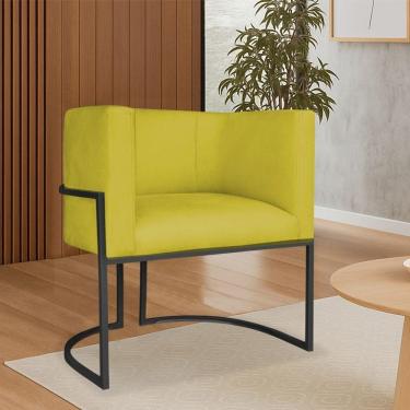 Imagem de Poltrona Dália Luxo Moderna Estofada Design Sofisticado Com Base De Ferro Preto Suede Amarelo