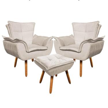 Imagem de Kit 2 Poltronas Pés Palito Com Puff Suede Bege Ibiza