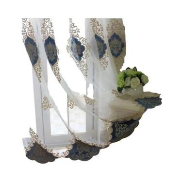Imagem de Cortina De Gaze Bordada Com Flores Europeias Em Branco Dourado, Respir