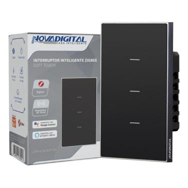Imagem de Interruptor Inteligente Zigbee Linha Quartzo Novadigital 10 A 3 Botões Preto QZ-3B