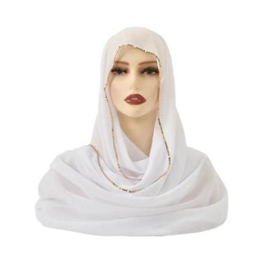 Imagem de Lenço Hijab De Chiffon Com Strass Para Mulheres, Xale Elástico Liso, F