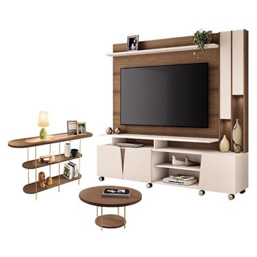 Imagem de Estante Home Theater Virtus Castanho Off White Com Mesa De Centro Sky E Aparador Infini...