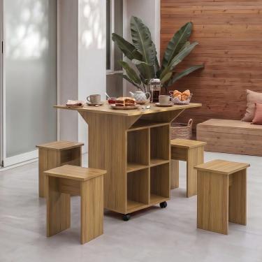 Imagem de Mesa Dobrável Annie com 4 Bancos Rodízios Nichos Amêndoa Cozinha Bar Varanda MDF Infantile Móveis