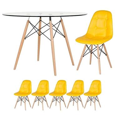 Imagem de Loft7, Mesa Eames com tampo de vidro 120 cm + 5 cadeiras estofadas Eiffel Botonê Amarelo