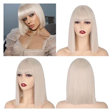Imagem de Perucas femininas sintéticas perucas curtas retas com franja para mulheres, preto, rosa, roxo, vermelho, natural, cabelo humano (cor: 60, comprimento esticado: 35,5 cm)