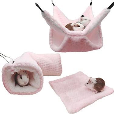 Imagem de SEIS Conjunto de 3 peças de rede de hamster de pelúcia para pendurar gaiola de açúcar conjunto de acessórios de rede de animais pequenos para cobaias ratos gerbil esquilo pássaros papagaio (rosa)