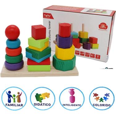 Imagem de Brinquedo Educativo Didático de Madeira Torre com 3 Colunas Monta e Desmonta Infantil