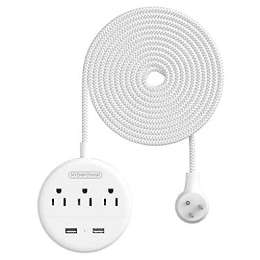 Imagem de NTONPOWER Cabo de extensão de 3 m, plugue plano trançado de tira de energia com USB, estação de carregamento compacta para mesa de cabeceira com 3 saídas 2 portas USB, montagem de parede para mesa de cabeceira de dormitório em casa, branco