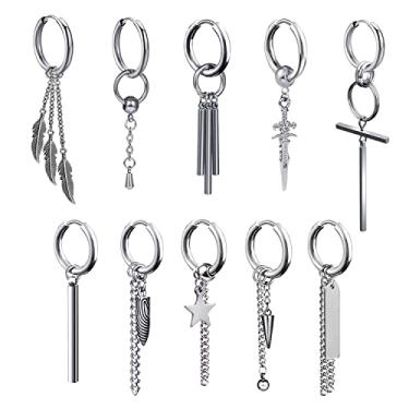 Imagem de Brincos masculinos pendurados, conjunto de 10 brincos de argola Kpop de corrente longa articulada exclusiva de aço inoxidável, estilo punk unissex legal com pingente de espada de pena de cruz de barra, Aço inoxidável, Sem pedras preciosas