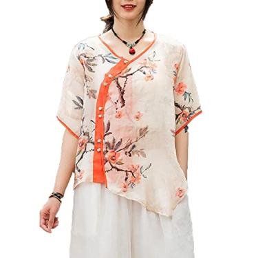 Imagem de Yajun Camisa Cheongsam de verão blusa estilo chinês para mulheres retrô solto algodão hanfu casual respirável decote em v manga curta, laranja, GG (peito: 120cm)