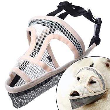 Imagem de Myweyde Dog Muzzle Mesh com alça suspensa, Dog Muzzle Anti-Mordedura e mastigação com malha confortável, Air Mesh Muzzle, Dog Muzzle, Soft Mesh Muzzle para cães pequenos, médios e grandes (Beige, L)