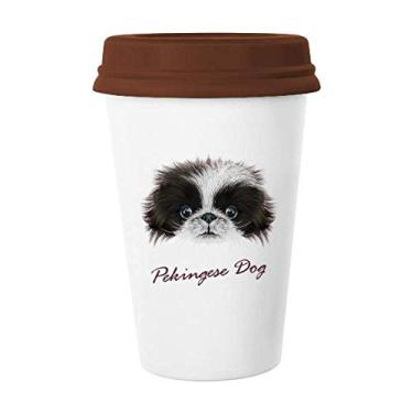 Imagem de Caneca de cerâmica preta e branca fofa de animal de estimação de cão Pequinês Caneca de café Copo de cerâmica