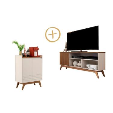 Imagem de Conjunto para Sala de Estar com Rack Malbec Wood e Buffet Eros Retro Off White/Freijo Giga Móveis