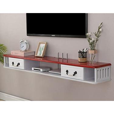 Imagem de StrOux Armário flutuante para TV, projetores e consoles de jogos, armários de TV montados na parede de madeira com duas gavetas, adequado para sala de estar Hello
