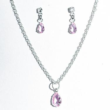 Imagem de Conjunto Colar e Brinco Gota Zircônia Quartzo Rosa Prata 925