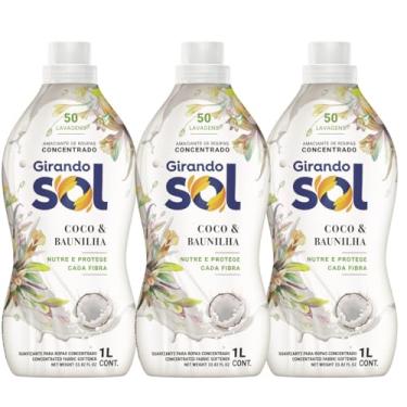 Imagem de Kit Amaciante Concentrado Girando Sol Coco e Baunilha 1L Roupas Macias Cheiro Agradável Alta Performance Protege Cada Fibra 3 Unidades