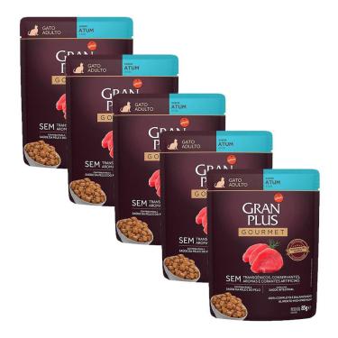 Imagem de KIT 5 Ração Úmida Gran Plus Gourmet Gatos Adultos Atum Sachê 85g