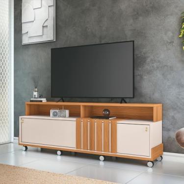 Imagem de Bancada Decorativa Glamour TV até 70 Pol Ripada MDP/MDF Pés Rodízio Cinamomo/Off White G26 - Gran Belo