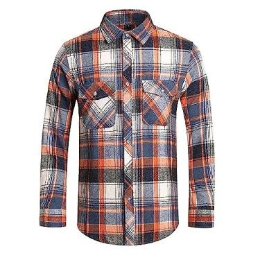Imagem de Camisa masculina ocidental de algodão xadrez de manga comprida com botões de flanela de algodão, Marrom/azul-marinho, XXG