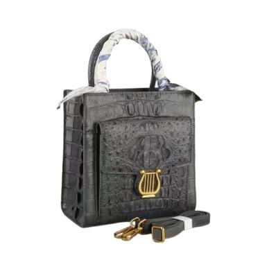 Imagem de Bolsa feminina exótica de couro de crocodilo genuína, pequena, bolsa de ombro cruzada, bolsa feminina de couro de crocodilo autêntica, Cinza escuro