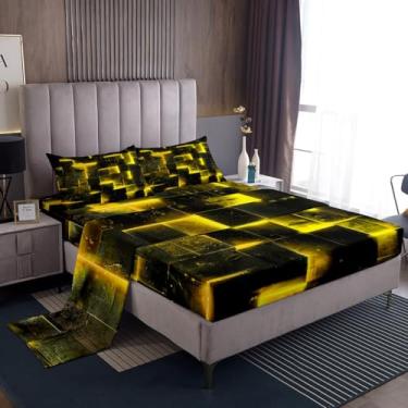 Imagem de Erosebridal Jogo de lençol King abstrato preto amarelo gradiente quadrado geométrico quadriculado neon jogo de cama king xadrez brilhante jogo de cama 3D moderno decoração de quarto 4 peças