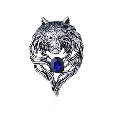 Imagem de Vavhoo Broche de lapela vintage cabeça de lobo legal punk animal lobo colar de cristal broche terno broche dominador lobo distintivo para homens mulheres presente de aniversário, Metal, Sem Pedra