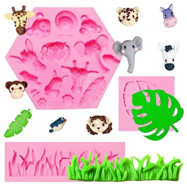 Imagem de Molde de silicone para safári com tema de selva, 3 pacotes de molde de safári com leão, girafa, macaco, elefante, folha, fondant, molde para chá de bebê, decoração de bolo, aniversário, cupcake