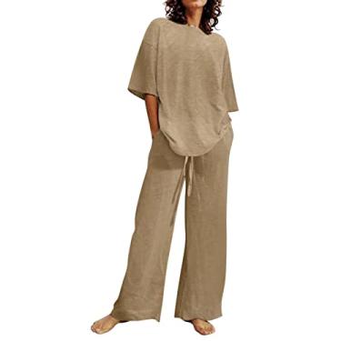 Imagem de Roupas femininas da moda de verão 2023 para mulheres, conjunto de 2 peças de linho roxo, blusas fofas, calças compridas, capri soltas, roupas casuais, Fa3-cáqui, G