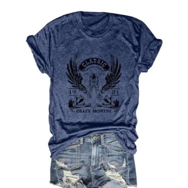 Imagem de Camisetas femininas de motocicleta vintage Crazy Camiseta feminina de manga curta para férias, Azul, G