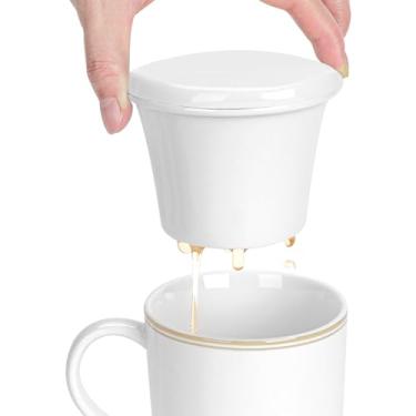 Imagem de Linkidea Infusor de chá de cerâmica com tampa, filtro de coador de chá para chá de folhas soltas, difusor de chá mais íngreme compatível com a maioria das canecas de café redondas de 8 a 9 cm, pode