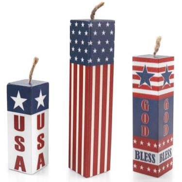Imagem de ABTOLS 3 peças placa patriótica de fogos de artifício em camadas, decoração de mesa de madeira do dia dos veteranos decoração de fogos de artifício rústica EUA God Bless centros de mesa para mesas de