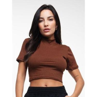Imagem de Cropped Canelado Gola Alta Manga Curta Blusinha Básica Feminina-Feminino