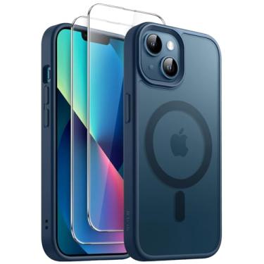 Imagem de JETech 3 em 1 Capa Magnética para iPhone 13 6,1 Polegadas com Protetor de Tela de Vidro Temperado de 2 Unidades, Compatível com MagSafe, Case Traseira Fosca Translúcida (Azul Tempestade)